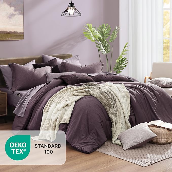 Monbix Queen Comforter Set - 7 Pieces Cationic Dyeing Italian Plum Bed in a Bag Queen Bedding Sets with Comforter, Sheets, Pillowcases & Shams, Reversible Bedding Comforters Sets