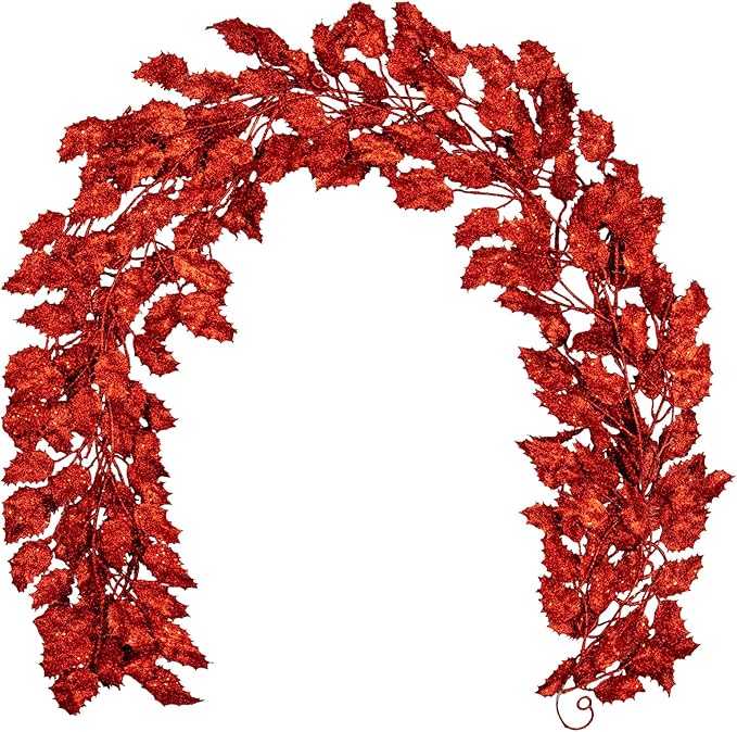 3 Pcs 6FT Christmas Garland Red Glittered Artificial Holly Leaves for Mantle Christmas Tree Decorations Indoor Outdoor Hanging Garland Ornaments Home Decor Garden Door Wall Window Stair Decoration