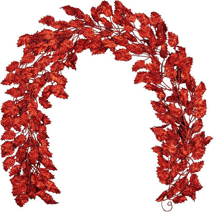 3 Pcs 6FT Christmas Garland Red Glittered Artificial Holly Leaves for Mantle Christmas Tree Decorations Indoor Outdoor Hanging Garland Ornaments Home Decor Garden Door Wall Window Stair Decoration