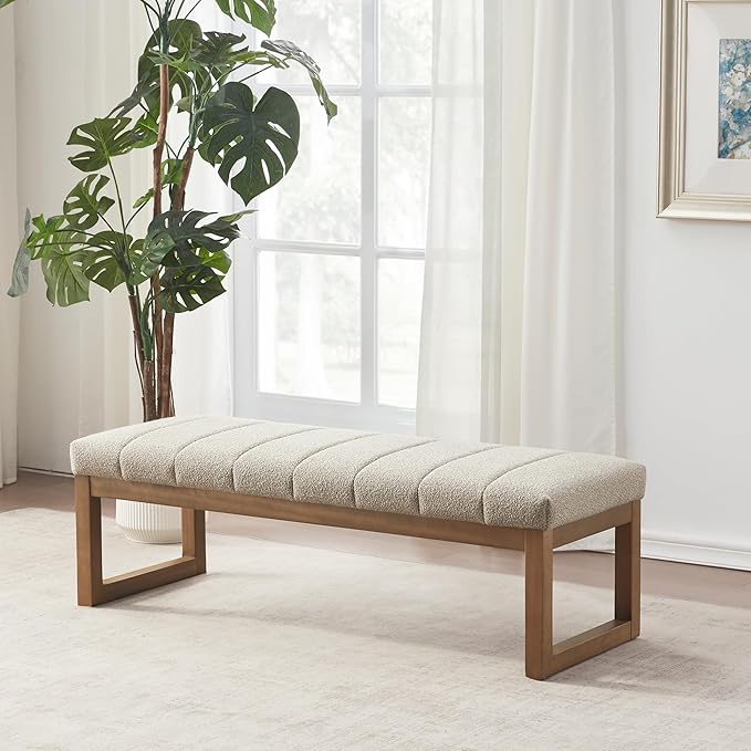 52.7" Bedroom Bench for End of Bed, Modern Upholstered Teddy Fabric Entryway Bench & Dining Bench, Footrest Stool Bench with Solid Wood Frame for Bedroom, Living Room (Camel)