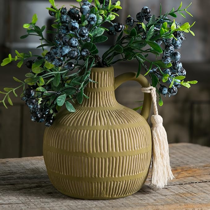 Farmhouse Vase with Handle and Tassel, Grey Yellow Vertical Stripes Design Clay Vase 10'' Tall - Ceramic Flower Vase for Rustic Home Decor, for Fireplace Kitchen Living Room Centerpieces