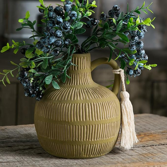 Farmhouse Vase with Handle and Tassel, Grey Yellow Vertical Stripes Design Clay Vase 10'' Tall - Ceramic Flower Vase for Rustic Home Decor, for Fireplace Kitchen Living Room Centerpieces