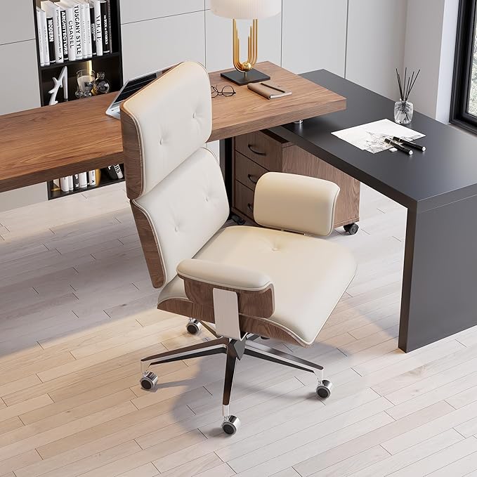 homary Modern Home Office Chair, High Back Swivel Desk Chair, Faux Leather Ergonomic Task Chair with Adjustable Height & Rolling Base, White