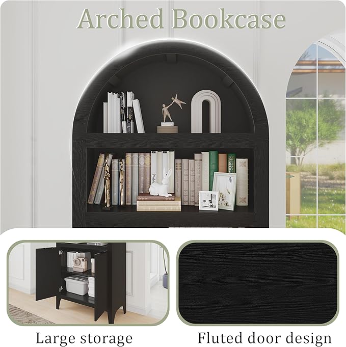 Arched Cabinet Bookshelf Black Arch Bookcase with Doors, Wooden Curved Book Case 5-Tier Tall Round Top Bookshelves for Living Room