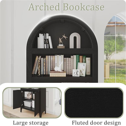 Arched Cabinet Bookshelf Black Arch Bookcase with Doors, Wooden Curved Book Case 5-Tier Tall Round Top Bookshelves for Living Room