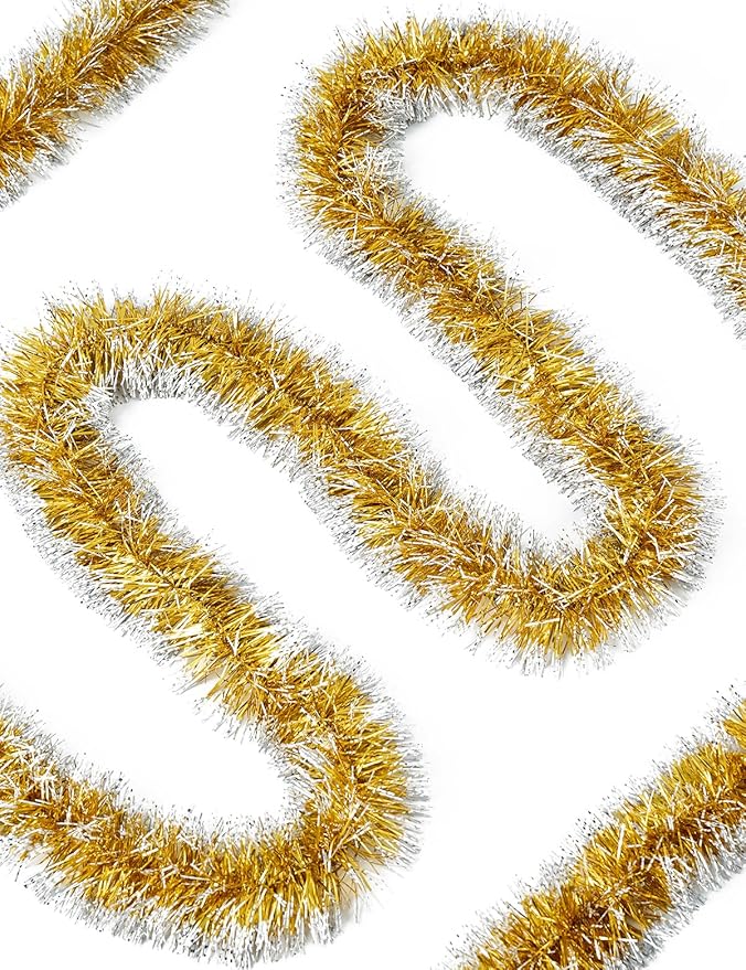 Lush Christmas Tinsel Garland, Gold & White Radiant Metallic Twist Streamers for Holiday Decor, Plush & Full Xmas Tree Garland for an Elegant Festive Atmosphere, Indoor & Outdoor Party Supplies