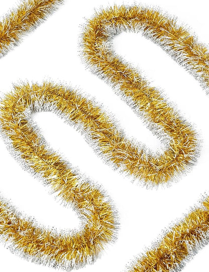 Lush Christmas Tinsel Garland, Gold & White Radiant Metallic Twist Streamers for Holiday Decor, Plush & Full Xmas Tree Garland for an Elegant Festive Atmosphere, Indoor & Outdoor Party Supplies