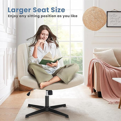 DUMOS Criss Cross Chair No Wheels Wide Cross Legged Desk Vanity Chair Comfy Fabric Armless Adjustable Swivel for Home Computer Task (Beige)