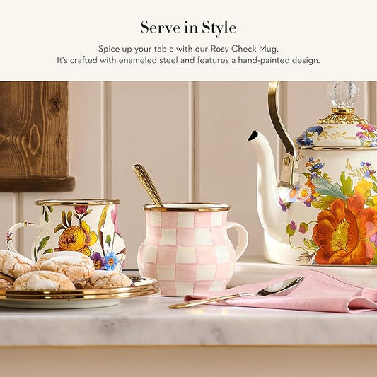 MACKENZIE-CHILDS Enamel Mug, Cute Enamelware Coffee and Tea Mug, Unique Drinkware, 16 Ounces, Pink-and-White Rosy Check, Set of 1