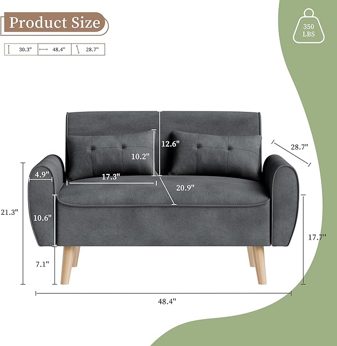 Vongrasig Small Modern Loveseat Sofa 47" Mid Century Linen 2 Seat Couch Tufted Love Seat, Dark Gray