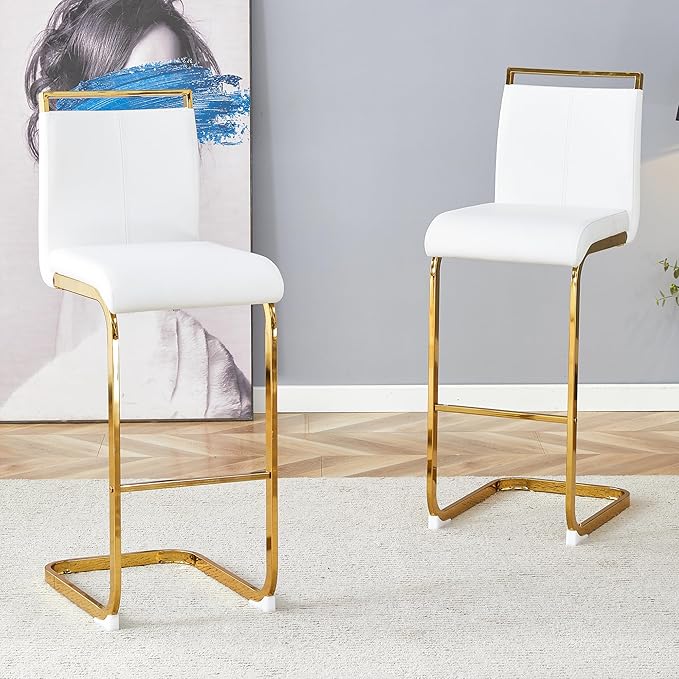 Counter Height Bar Stools Set of 2,Gold Bar Stools with Back,30" White Island Chairs with Gold Chrome Plated Metal Leg,Faux Leather Barstools for Pub Kitchen Counter Dining Chair