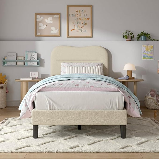 Twin Bed Frames with Headboard, Upholstered Bed Frame Twin, Teddy Soft Boucle Fabric Twin Size bedframes, Soft Cloud Marshmallow Shape Upholstered Headboard, No Box Spring Needed, Noise Free (Beige)