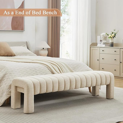 63’’ End of Bed Bench, Modern Linen Entryway Bench, Upholstered Ottoman Stool with Extra Length, Full Coverage Fabrics, Ottoman for Bedroom, Living Room, Dining Room, Beige