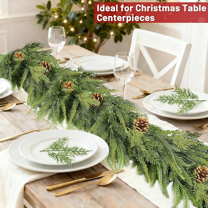 Extra Thick&Lush-6 Ft by 10 Inch Real Touch Norfolk Pine Garland,Christmas Garland Artificial Realistic Soft Thickness Greenery Pine Cypress Pinecones Garlands for Mantle Fireplace Home Indoor Outdoor