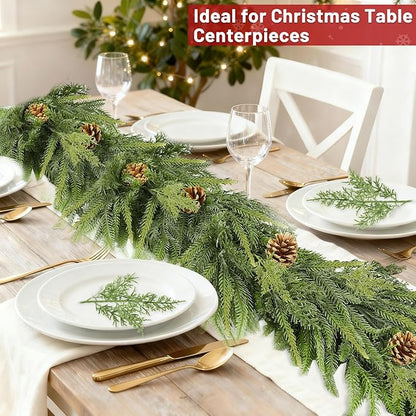 Extra Thick&Lush-6 Ft by 10 Inch Real Touch Norfolk Pine Garland,Christmas Garland Artificial Realistic Soft Thickness Greenery Pine Cypress Pinecones Garlands for Mantle Fireplace Home Indoor Outdoor