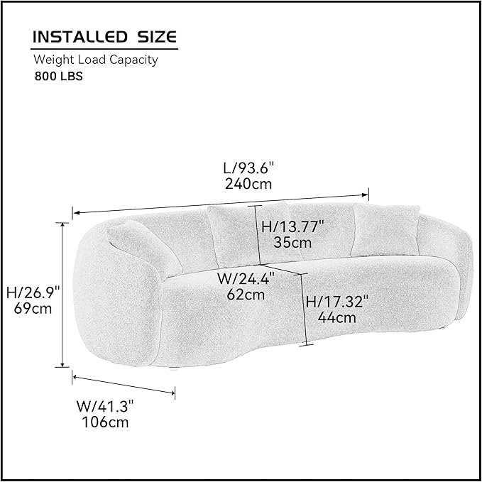 KEIKI 94" Boucle Half Moon Curved Sectional Sofa with 3 Throw Pillows, Modern 4-Seater Teddy Fleece Leisure Couch with Curved Backrest, Easy Assembly, for Living Room, Bedroom, Brown