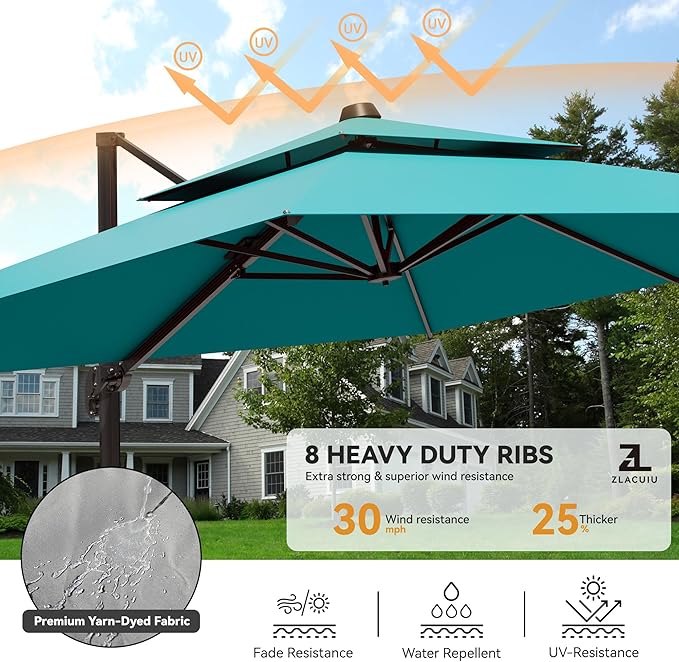 9x12FT Turquoise Cantilever Outdoor Patio Umbrella with Base, Large Rectangular Offset Design, Double Top Heavy Duty Aluminum Frame & 360° Rotation for Pool Garden Deck Backyard
