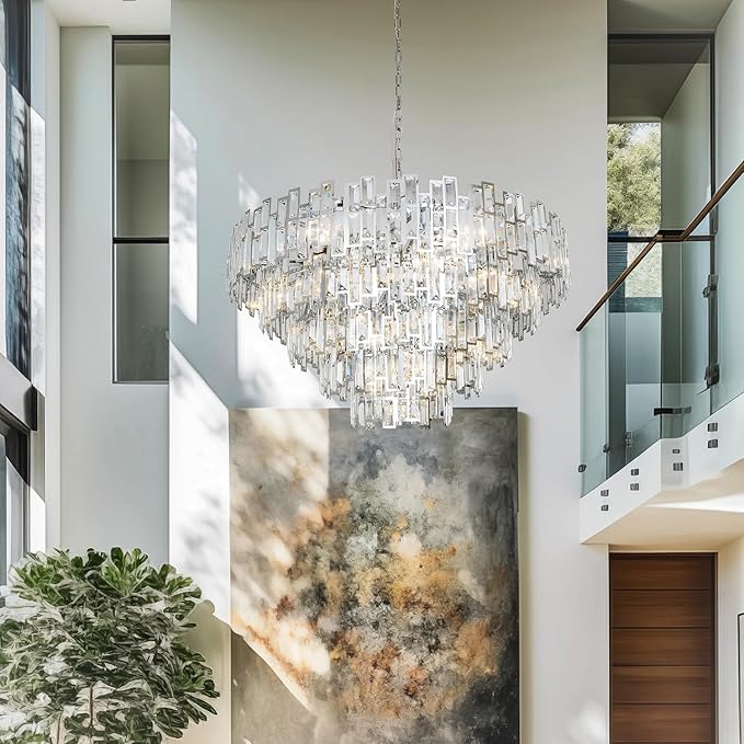 Entryway Chandeliers for High Ceilings Chrome Crystal Chandelier Light Fixture Living Room Foyer Staircase 39'' Large Modern Crystal Chandelier Lighting