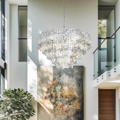 Entryway Chandeliers for High Ceilings Chrome Crystal Chandelier Light Fixture Living Room Foyer Staircase 39'' Large Modern Crystal Chandelier Lighting