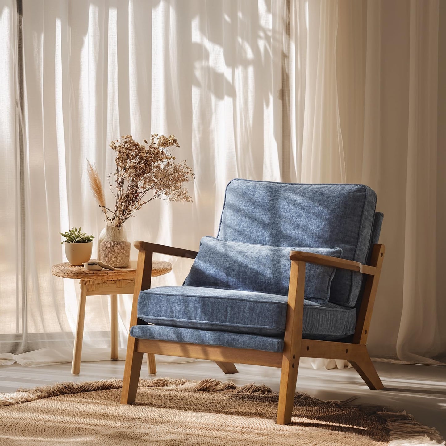 VINGLI Solid Wood Wide Armrests Accent Chair,Upholstered Mid Century Modern Chair with Pillow,Comfy Reading Chair Farmhouse Arm Chair,Chairs Living Room,Bedroom,Guest Room,Teddy Fleece,Khaki