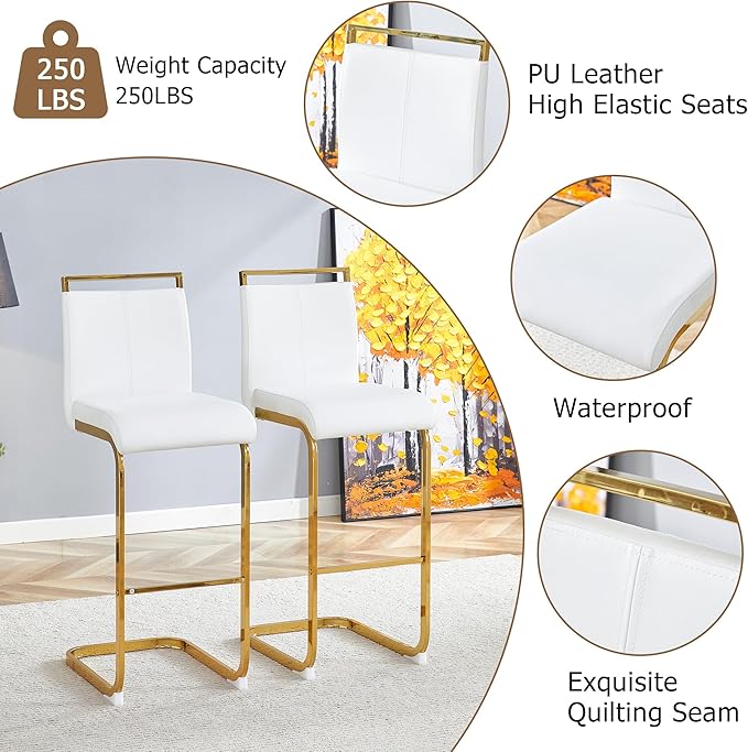 Counter Height Bar Stools Set of 2,Gold Bar Stools with Back,30" White Island Chairs with Gold Chrome Plated Metal Leg,Faux Leather Barstools for Pub Kitchen Counter Dining Chair