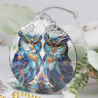 Christmas Ornament, 2025 Ornaments for Christmas Tree, Stained Glass Hanging Ornament, Holiday Ornaments, Unique Gift Idea - A Pair of Owls