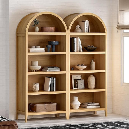 5 Tier Arched Bookshelf Set of 2, 71" Tall Bookcase with Adjustable Shelves Wood Storage Cabinet Freestanding Display Kitchen Pantry for Living Room Bedroom Home Office, Natural Oak