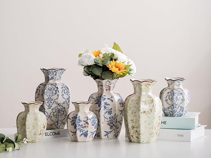 Blue and White Vase, Vintage Blue Ceramic Flower Vessel,Ceramic vases for Home Decor,Vintage Green and Beige for Console Table Mantle Chinoiserie Decor (Blue and White-02, Small)