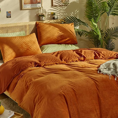 CLOTHKNOW Burnt Orange Fluffy Queen Comforter Set 3Pcs Velvet Bedding Comforter Sets Rust Comforter Terracotta Comforter Queen with 2 x Pillow Cases