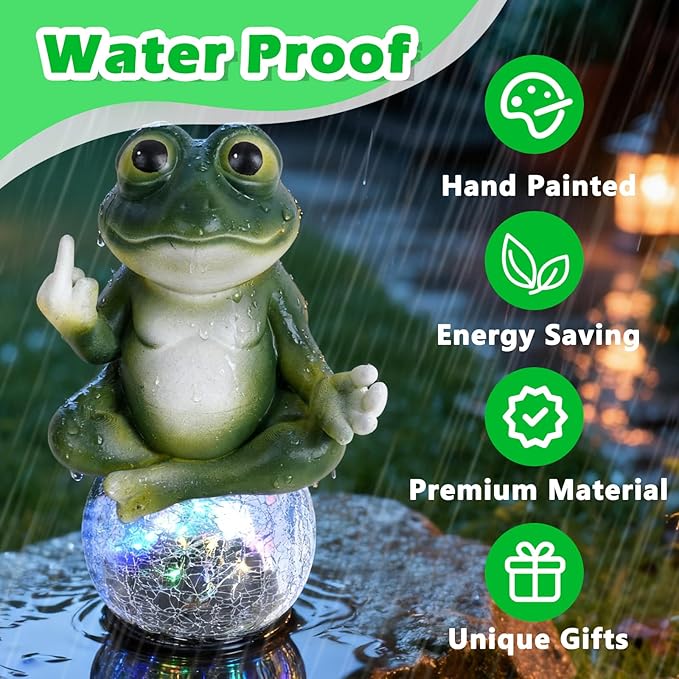 Meditating Frog Solar Garden Statue with Crackle Glass LED Light - Humorous Zen Yoga Animal Decor - Funny Gag Gifts for Patio Lawn and Pool Area - Christmas House Warming Gifts New Home