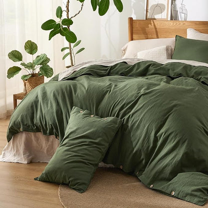 Bedsure Linen Duvet Cover Queen - Linen Cotton Blend Bedding Set, Soft & Cozy, 3 Pieces, 1 Duvet Cover 90x90 Inches and 2 Pillowcases, Olive Green Color Cooling Bedding, Comforter Sold Separately