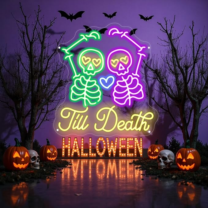 Skull Till Death Neon Sign, Halloween Wall Sign, Horror Decor Wall Skull Neon Sign Engagement Party Decor Til Death Do Us Party