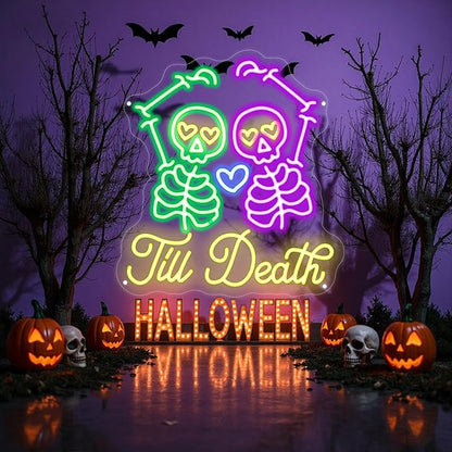 Skull Till Death Neon Sign, Halloween Wall Sign, Horror Decor Wall Skull Neon Sign Engagement Party Decor Til Death Do Us Party