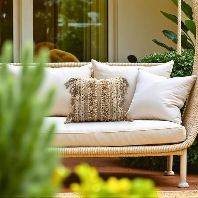 Decorative Boho-Chic Square Pillow Cover 18x18 Handwoven Tufted Braided Cotton Accent Pillows, Neutral Throw Cushion for Couch, or Bed, Farmhouse & Bohemian Home Decor, Trendy USA Design