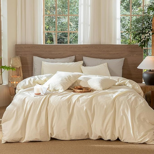 MooMee Wavy Striped Duvet Cover Set 100% Washed Cotton Linen Like Textured Breathable Durable Soft Comfy (Cream White, Twin 68"x90")