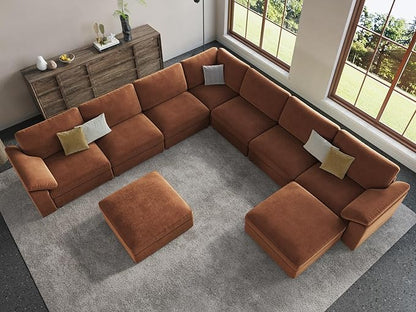 EASE MOOSE Oversized Modular Sectional Sofa with Ottoman, Modern Luxury Wide Deep Modular Couch, U Shaped Couch for Big Spaces Living Room, Brown