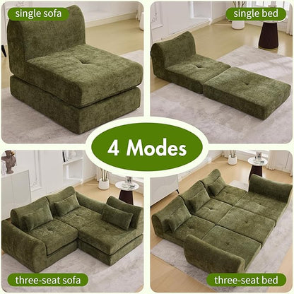 101.6" Modular Sectional Cloud Sofa,Floor Boneless Couch, 4-in-1 Folding Convertible Sofa Bed, Modular Cushion Couch,Suitable for Living Room,Bedroom and Recreation Room (Green)