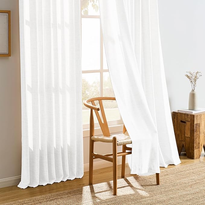 White Linen Pinch Pleated Semi Sheer Curtains 2 Panels 45 Inches Long, Back Tab with Hooks, Window Treatment Curtains for Bedroom Cabin 42 Inch Wide
