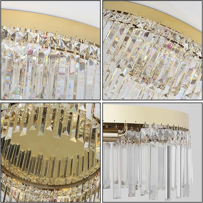 24in Gold Crystal Chandeliers Flush Mount Ceiling Light, 8 Lights Modern Crystal Ceiling Light, Large Round Chandelier Lighting Fixture for Dining Room Living Room Bedroom Kitchen