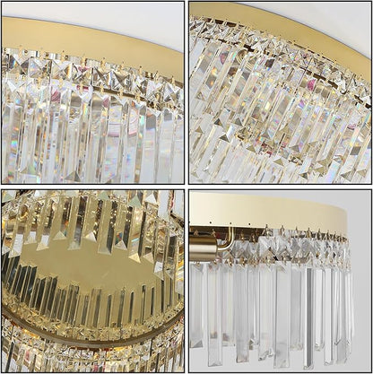 24in Gold Crystal Chandeliers Flush Mount Ceiling Light, 8 Lights Modern Crystal Ceiling Light, Large Round Chandelier Lighting Fixture for Dining Room Living Room Bedroom Kitchen