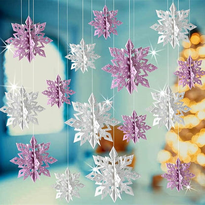Christmas Hanging Snowflakes Decorations, 15pcs 3D Glitter Purple Silver Paper Snowflakes Snow Flakes Garland for Winter Wonderland Frozen Christmas Birthday Party Decorations