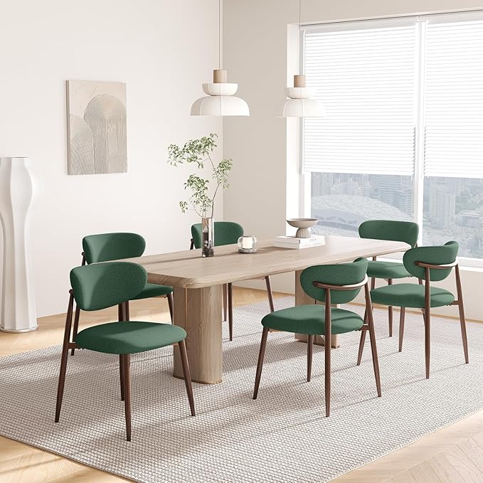 Dining Chairs Set of 6, Upholstered Dining Room Chairs with Metal Legs and Anti Slip Pads, Curved Back Wood Kitchen Chair for Home and Restaurant Use, Green