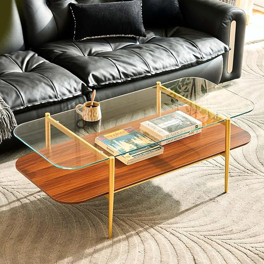 AGV LIGHTING Tadio Large Glass Coffee Table, Mid-Century Modern Coffee Table for Living Room, Gold Finish Leg, Clear Glass Top & Walnut Brown Shelf, 47 in Rrounded Corners