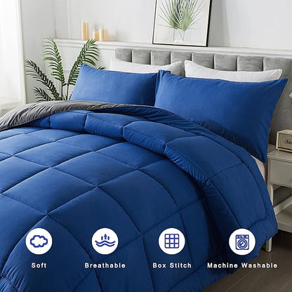DOWNCOOL Blue/Grey Full Size Comforter Set - All Season Bedding with 2 Pillowcases - 3 Pieces Bed Set Down Alternative Comforter Set