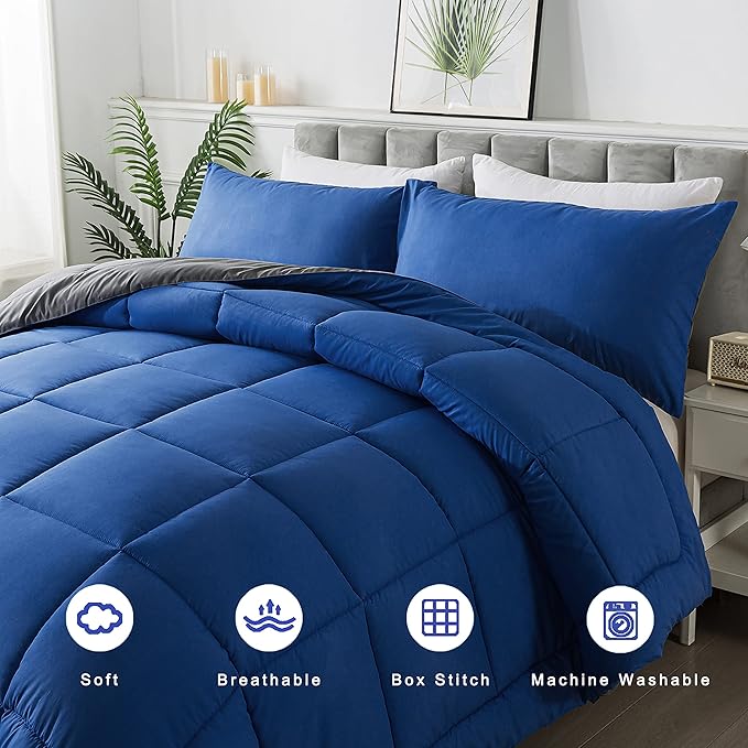 DOWNCOOL Twin Comforter Set -All Season Bedding Comforters Sets with 1 Pillow Case -2 Pieces Bed Set Down Alternative Comforter Set -Blue/Grey Twin Bedding Sets(64"x88")