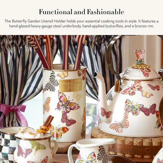 MACKENZIE-CHILDS Enamel Utensil Holder, Kitchen Utensil Holder for Countertop, Storage Caddy, Butterfly Garden