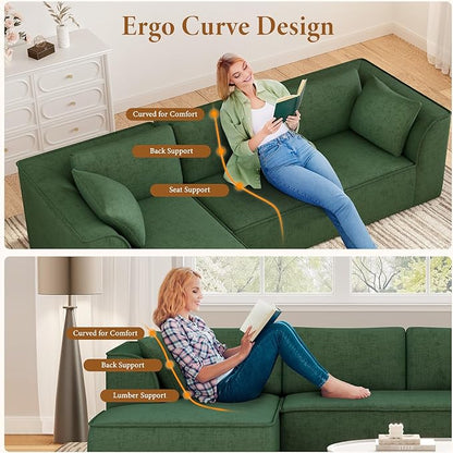 Vesgantti 106" Cloud Couch Sectional Modular Sofa, Deep Seat Comfy Cloud Couch Chenille Sofa Modular Couches for Living Room Bedroom, No Assembly Required (Green, Left-Facing Chaise)