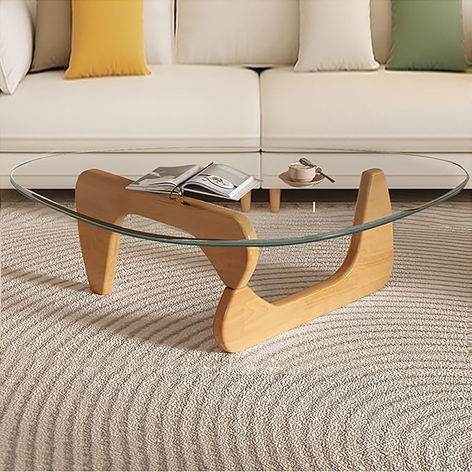 Mid Century Modern Glass Coffee Table, Small Coffee Table for Living Room, Elegant and Functional Coffee Tables, Suitable for Bedroom Living Room Reception Office Tables（Wood/Transparent，Small）