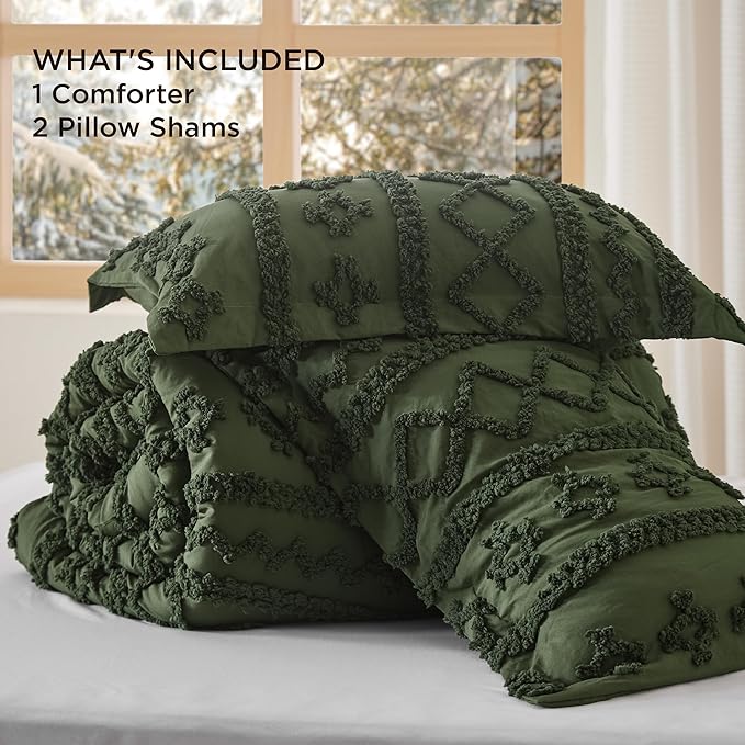 Bedsure Tufted Boho Comforter Set California King - Olive Green Boho Bed Set, GentleSoft™ 3 Pieces Farmhouse Shabby Chic Embroidery Bedding, Gifts for Woman, Soft Jacquard Comforter for All Seasons
