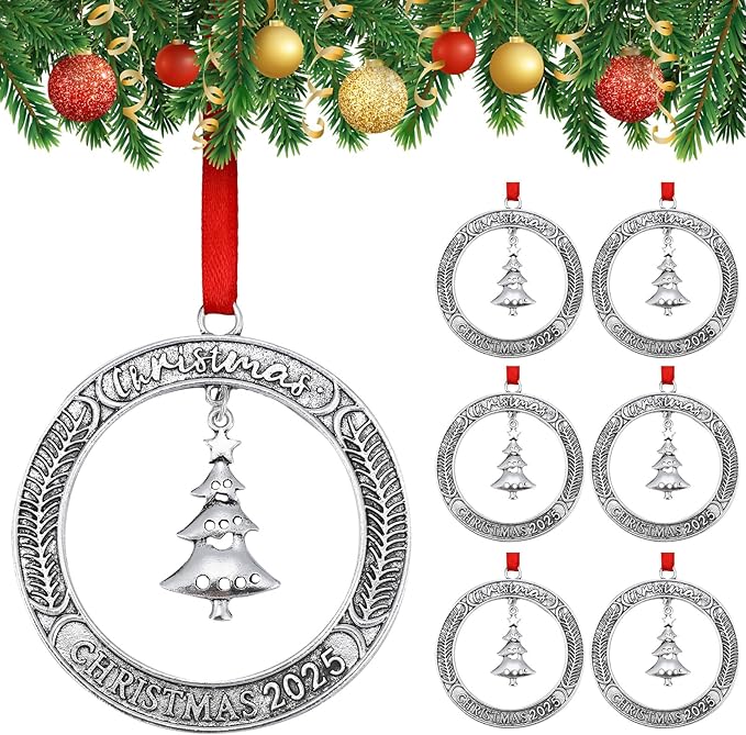Jinei 6 Pcs Christmas Wreath Ornament Bulk 2025 Solid Pewter Christmas Ornament with Rotatable Tree Metal for Xmas Decorative Holiday Keepsake Gift (Xmas Tree)